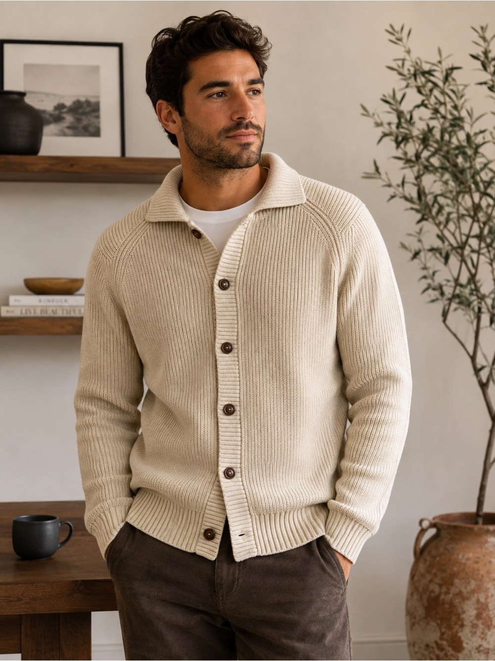 Men's Cream Shawl Collar Button-Up Sweater